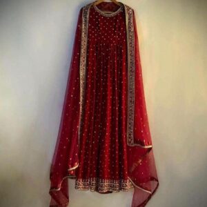 Elegantly Hand Embroidered Red Chiffon